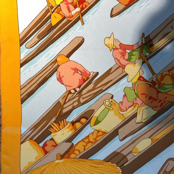 Hermes Silk "Marche Flottant Du Lac Inle II" Scarf Tangerine Color w Blue - Picture 12 of 16